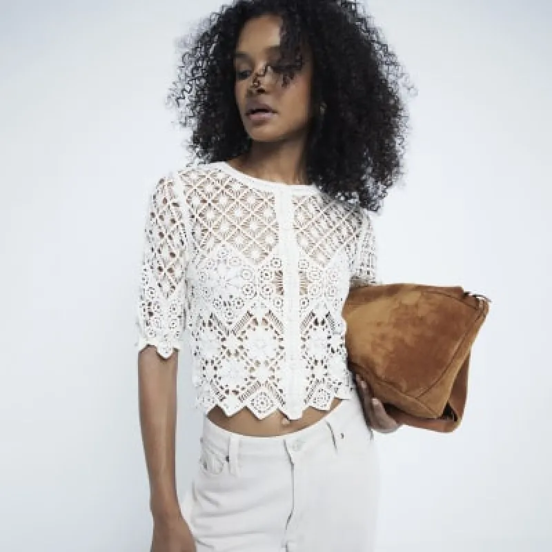 Cream Lace Cropped Cardigan sold by River Island
