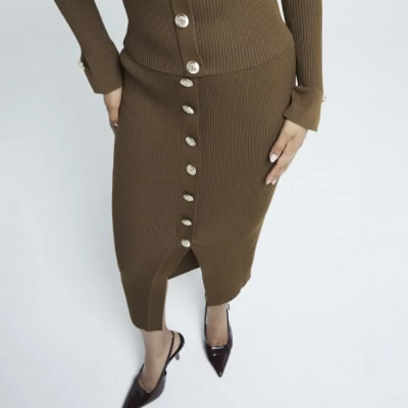 Petite Khaki Knit Button Detail Midi Skirt sold by River Island