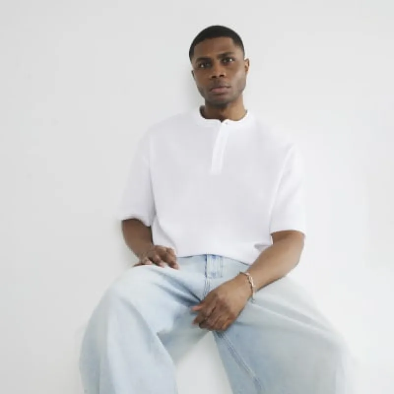 White Short Sleeve Waffle Henley Neck T-Shirt sold by River Island