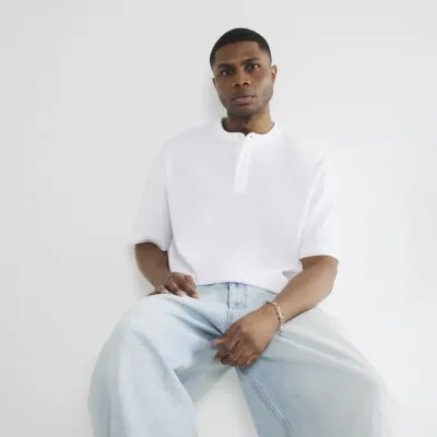 White Short Sleeve Waffle Henley Neck T-Shirt sold by River Island