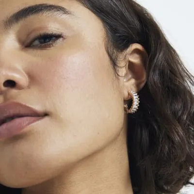 Gold Cubic Zirconia Baguette Hoop Earrings sold by River Island