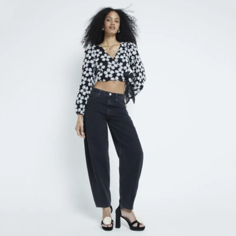 Black Long Sleeve 3D Floral Wrap Crop Top sold by River Island