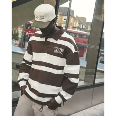 Brown Stripe Open Hem Rugby Polo Sweatshirt sold by River Island