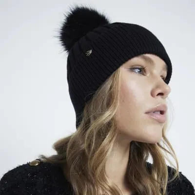 Black Rib Knit Pom Pom Beanie Hat sold by River Island