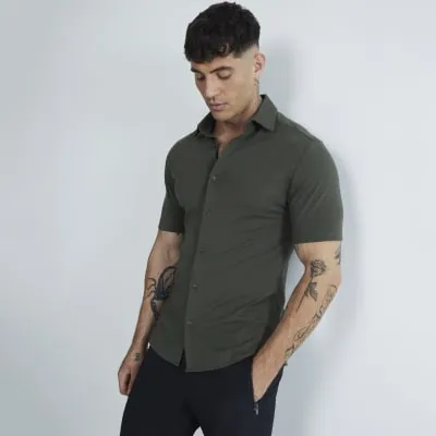 Khaki Muscle Fit Short Sleeve Jersey Shirt sold by River Island