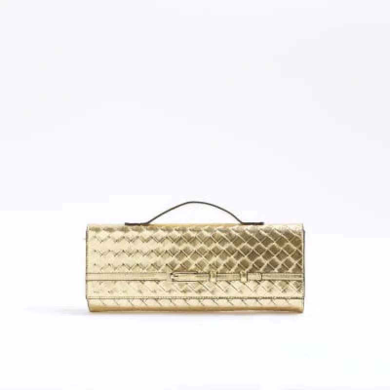 Gold Woven Clutch Bag sold by River Island