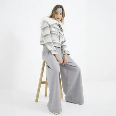 Grey Check Faux Fur Collar Crop Jacket sold by River Island