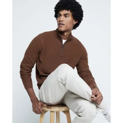 Rust Slim Fit Waffle Half Zip Jumper sold by River Island