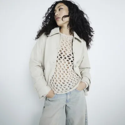 Stone faux leather Button Overshirt sold by River Island