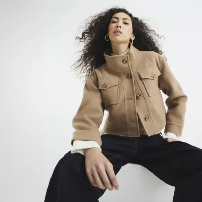 Brown Funnel Neck Cropped Jacket sold by River Island