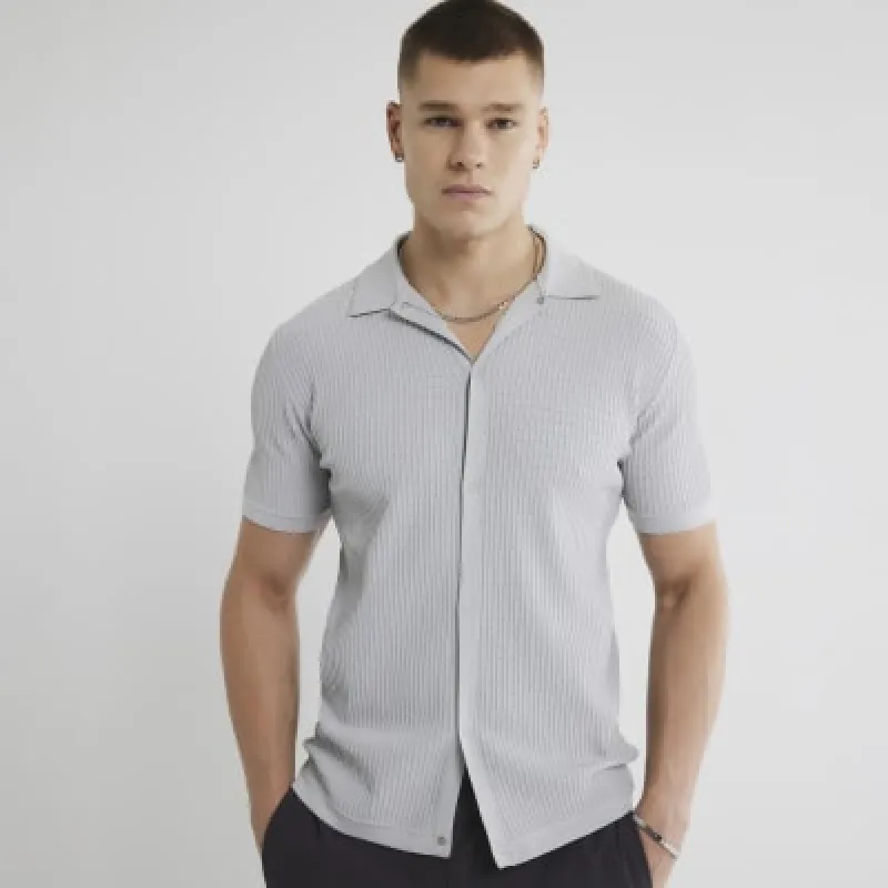 Grey muscle fit brick pointelle shirt sold by River Island