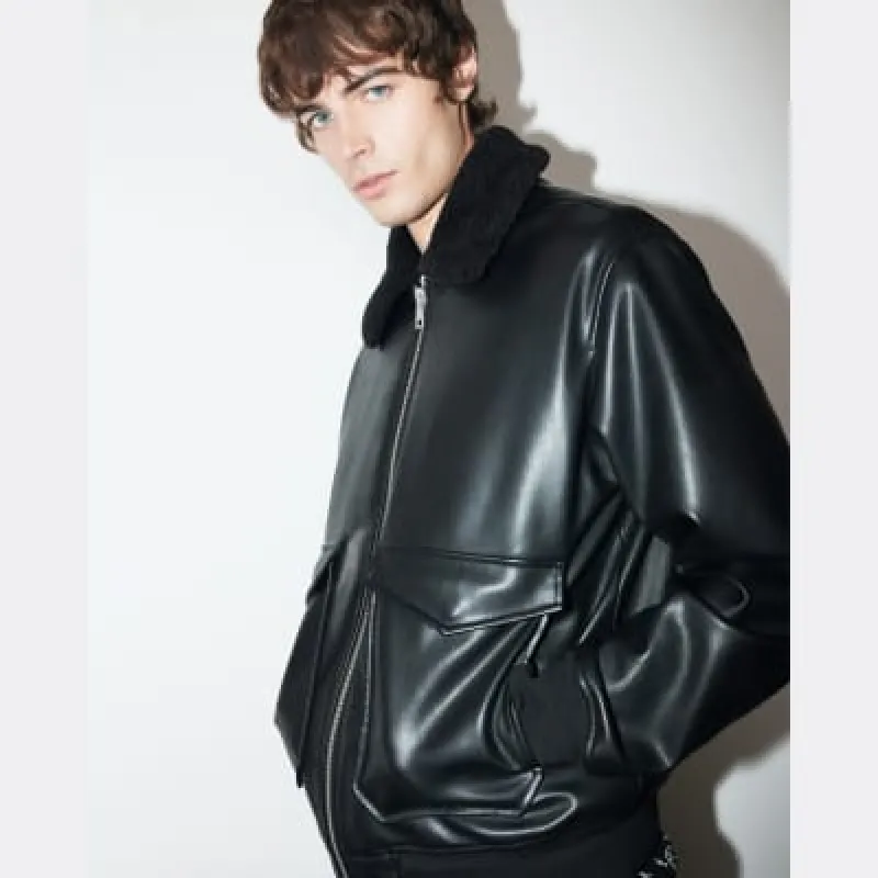 Black Faux Leather Bomber Jacket sold by River Island