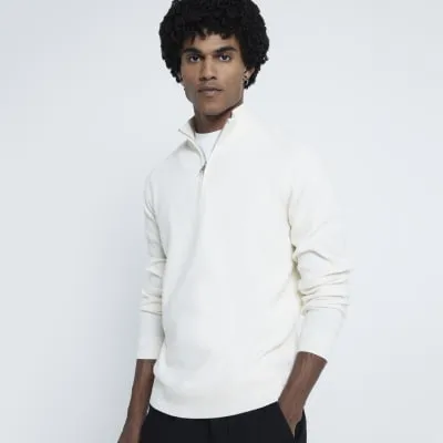 Ecru slim fit waffle half zip jumper sold by River Island