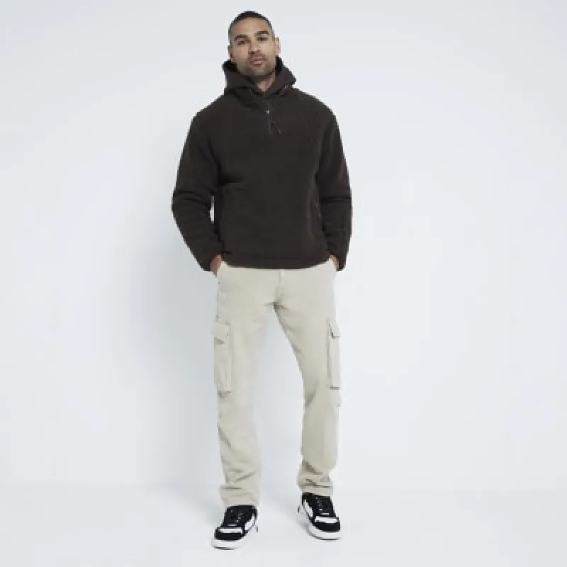 Brown Relaxed Fit Borg Half Zip Jumper made by River Island