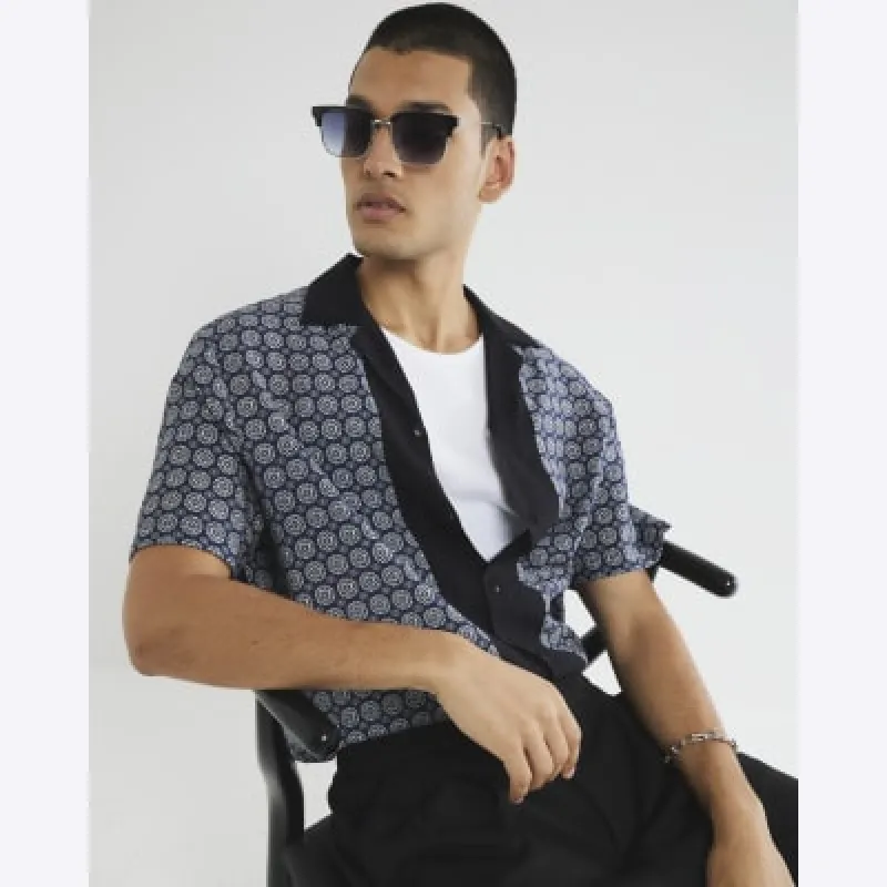 Navy Short Sleeve Tiled Shirt sold by River Island