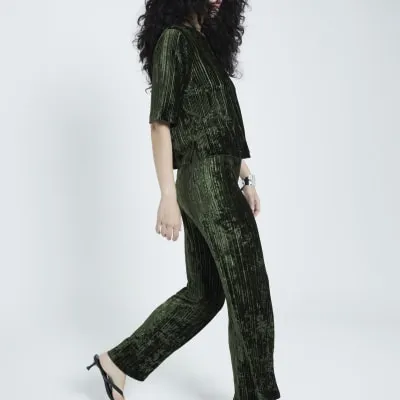 Green Velvet Plisse Trousers sold by River Island