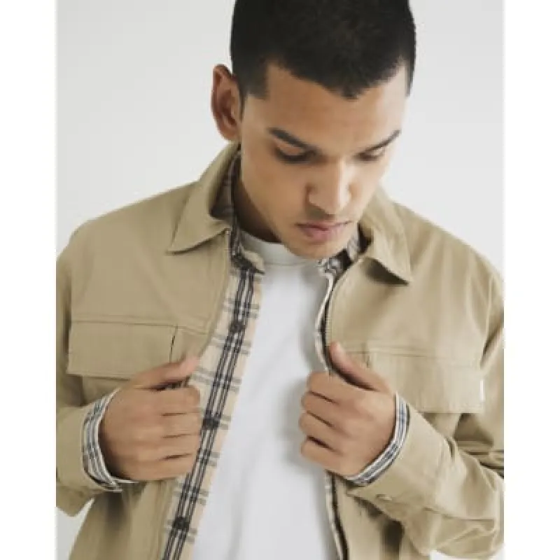 Stone Regular Fit Zipped Overshirt sold by River Island