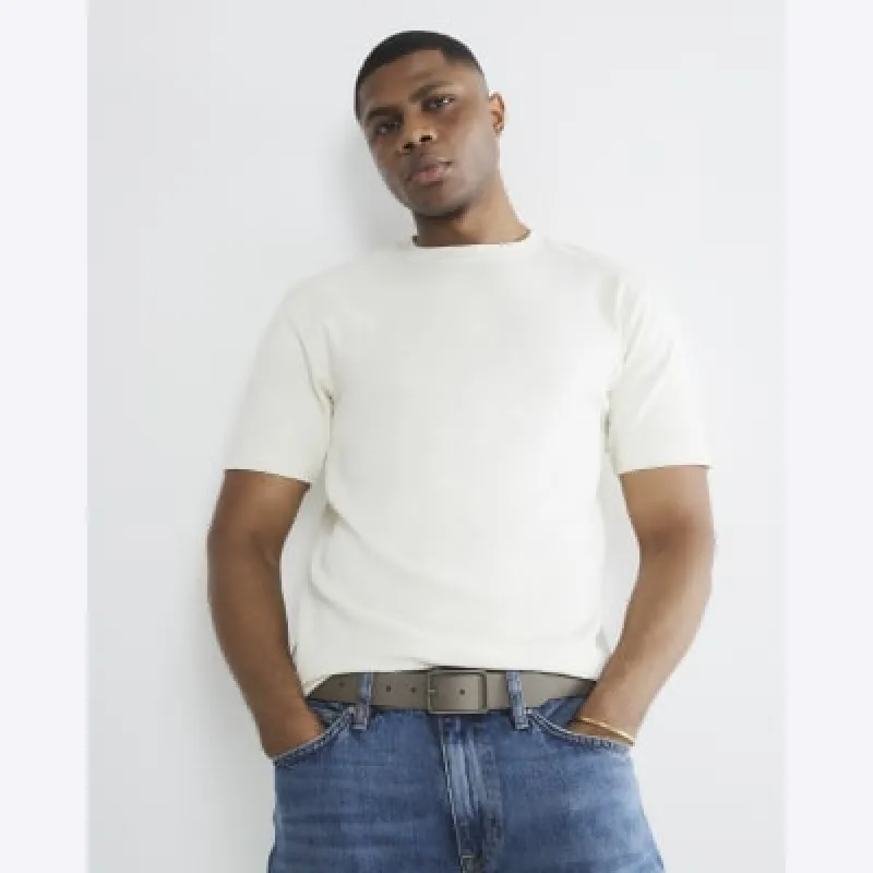Beige Slim Fit Short Sleeve T-Shirt sold by River Island