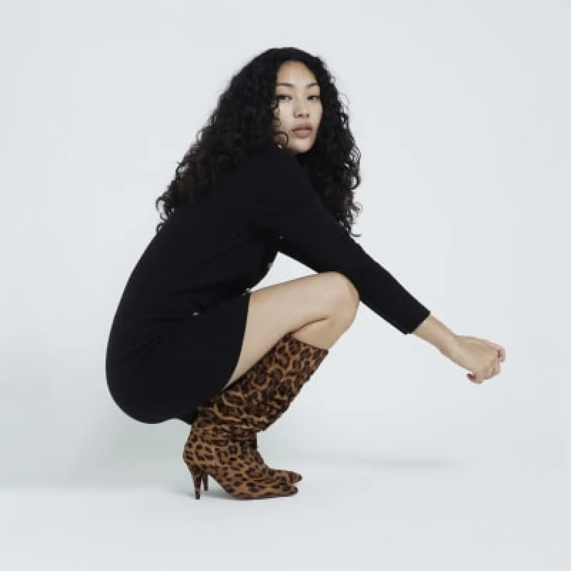Beige Suede Leopard Slouch High Heeled Boots sold by River Island