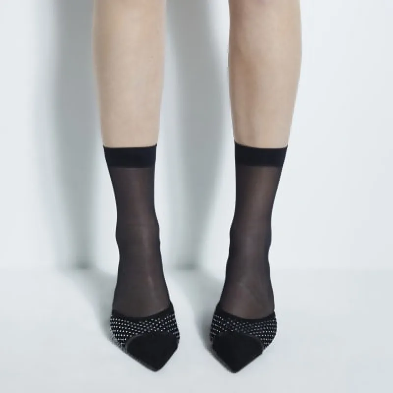 Black Gem Mesh Pointed Toe Kitten Heel Mules sold by River Island