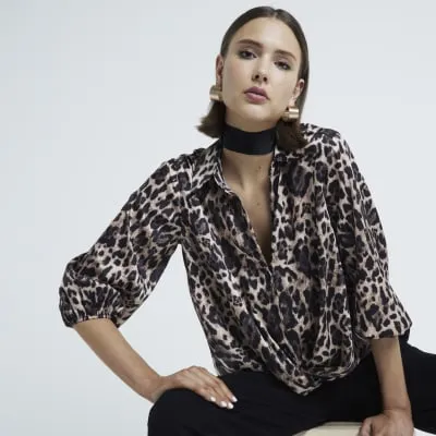 Brown Leopard Print Wrap Shirt sold by River Island