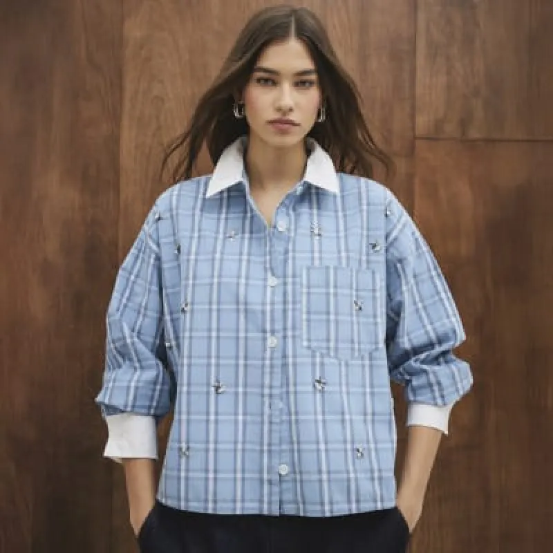 Blue Long Sleeve Check Embellished Shirt sold by River Island