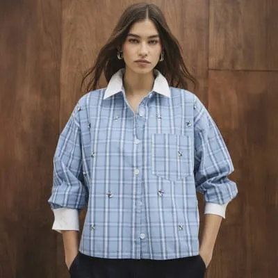 Blue Long Sleeve Check Embellished Shirt sold by River Island