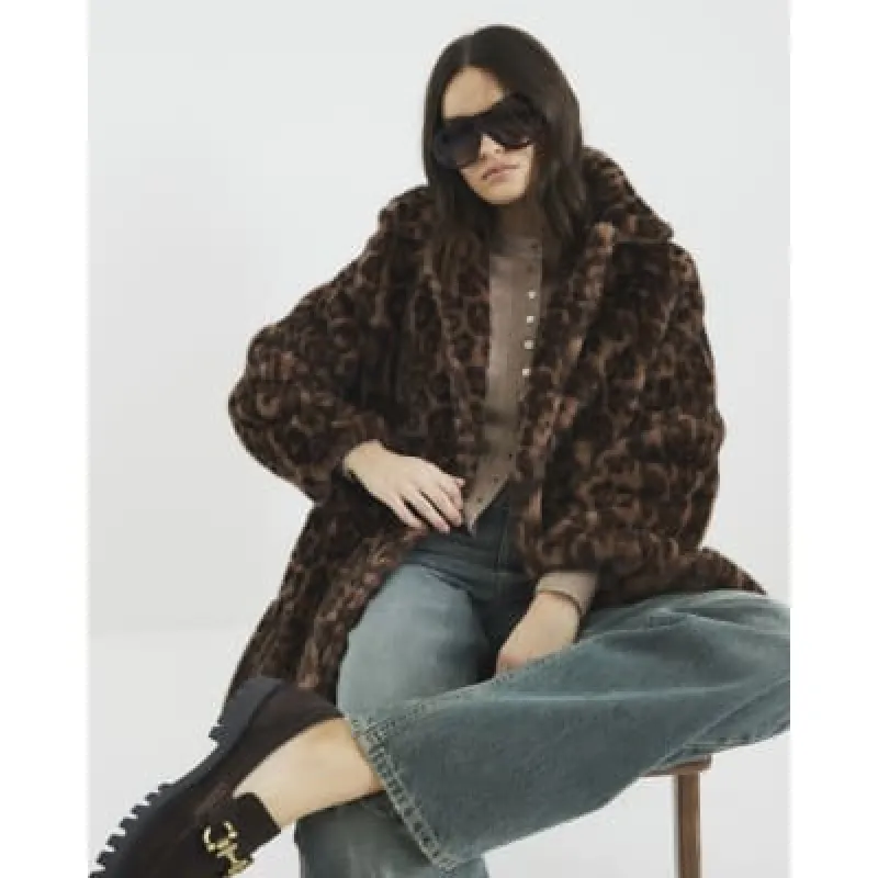 Brown Faux Fur Leopard Print Coat sold by River Island