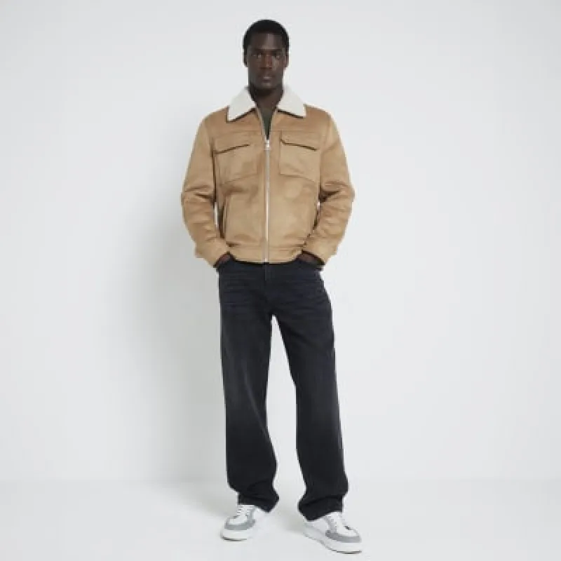 Brown regular fit shearling western jacket sold by River Island