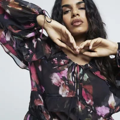Petite Black Chiffon Floral Ruffle Blouse sold by River Island