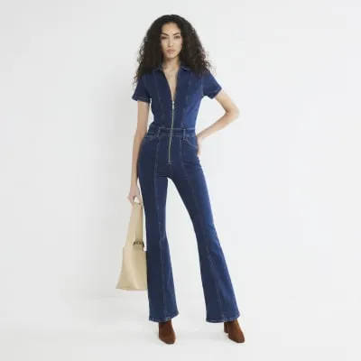 Blue Denim Flare Leg Jumpsuit sold by River Island