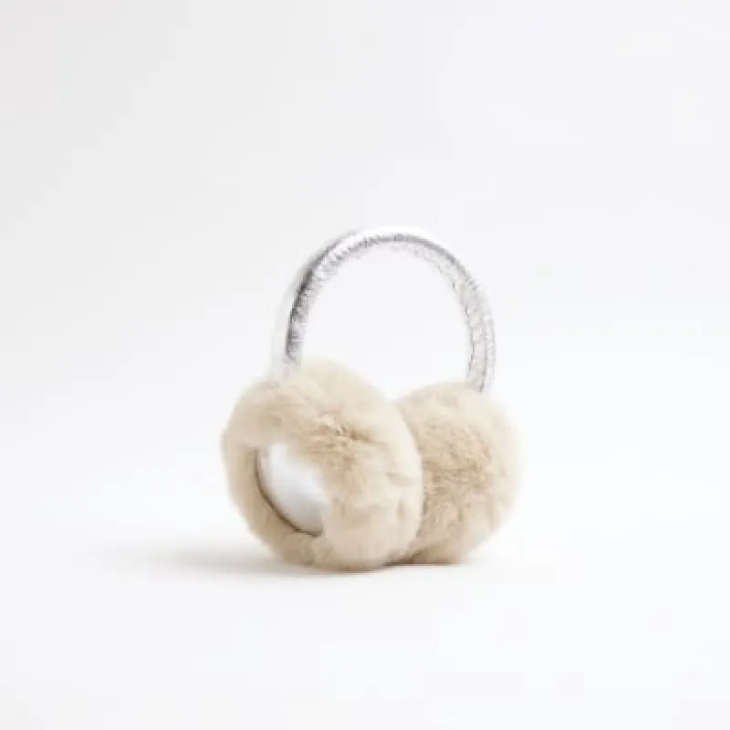Silver Metallic Faux Fur Earmuffs sold by River Island