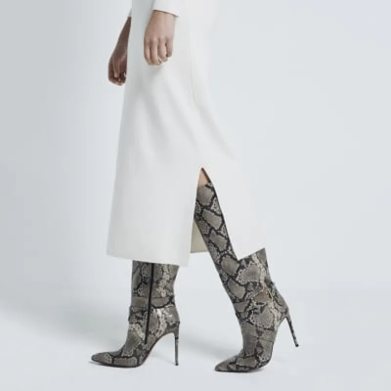Beige Snake Buckle Knee High Heeled Boots sold by River Island