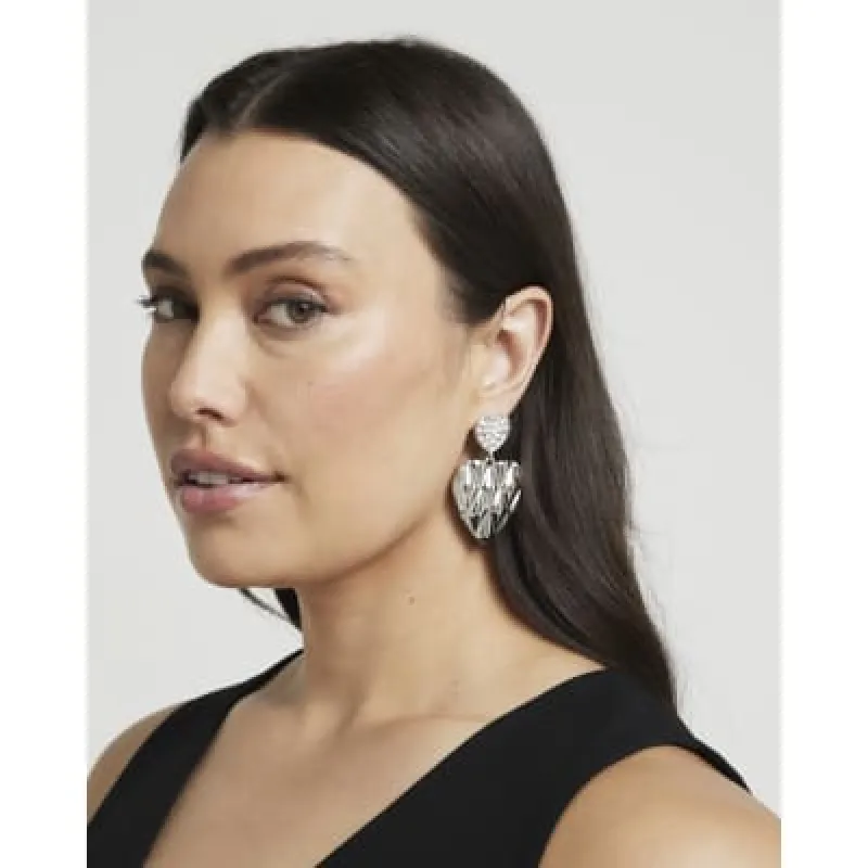 Silver Crystal Heart Drop Earrings sold by River Island