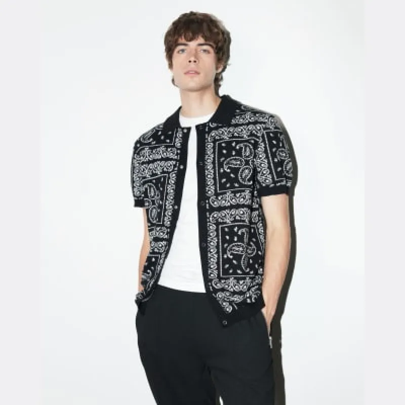 Black Knitted Short Sleeve Paisley Shirt sold by River Island