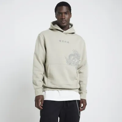 Khaki regular fit japanese embroidered hoodie sold by River Island