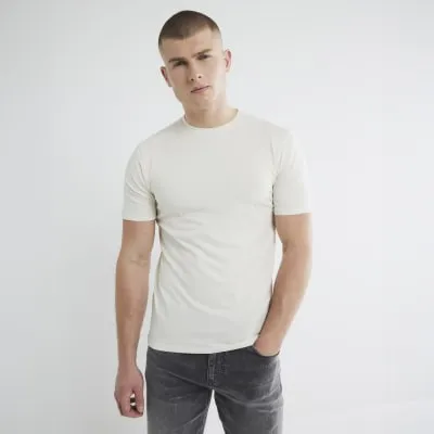 Ecru Plain Muscle Fit T-shirt sold by River Island