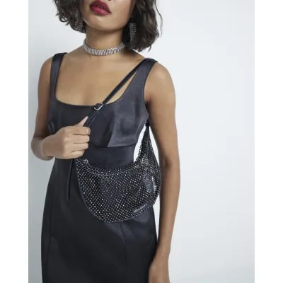 Black Mesh Diamante Embellished Shoulder Bag sold by River Island
