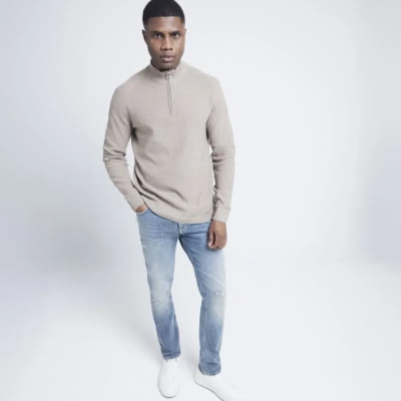 Stone slim fit waffle knitted half zip jumper sold by River Island
