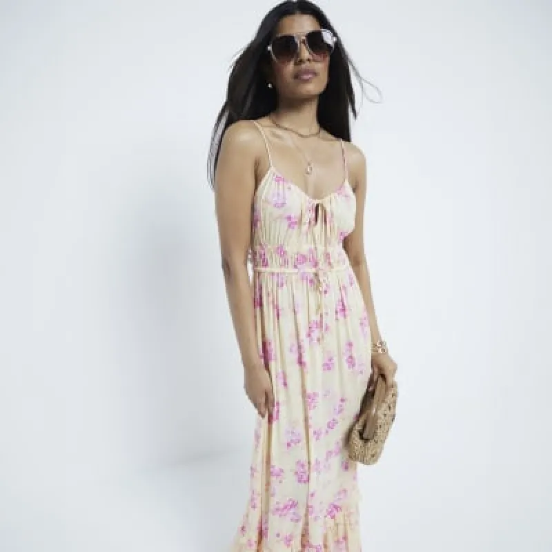 Petite Yellow Ditsy Print Tiered Maxi Dress sold by River Island