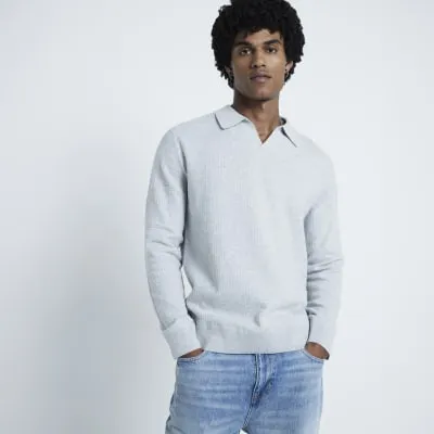 Grey slim fit Knit open collar polo shirt sold by River Island