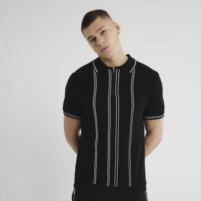 Black Slim Fit Stripe Polo Shirt sold by River Island