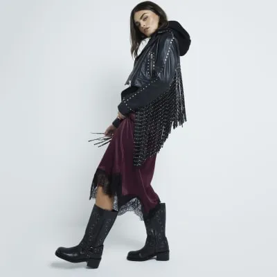 Black Leather Studded High Leg Biker Boots sold by River Island