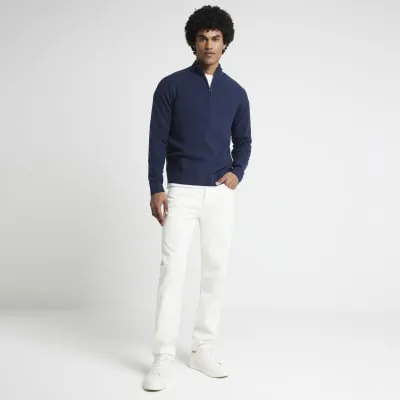Navy slim fit waffle half zip jumper sold by River Island