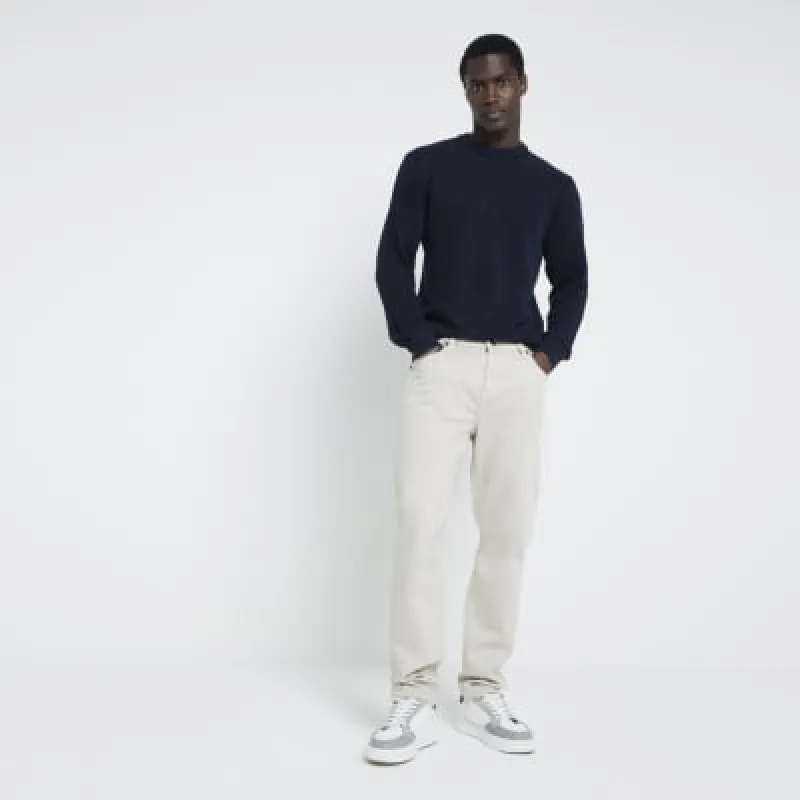 Navy slim fit crochet cable knit jumper sold by River Island