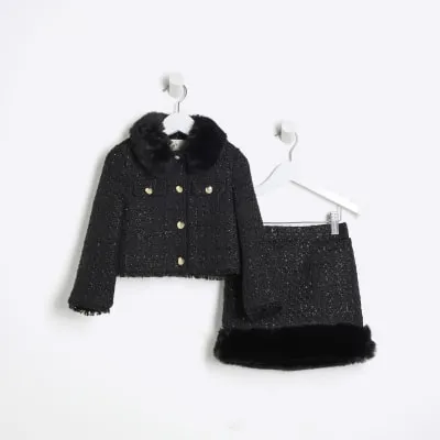 Mini Girls Black Boucle Military Jacket Set sold by River Island