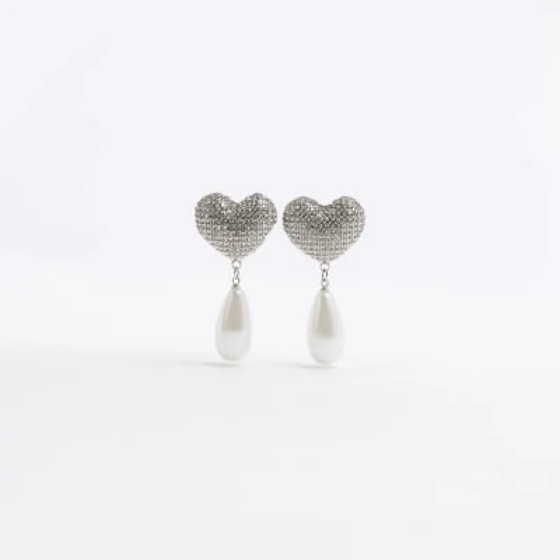 Silver Crystal Heart Pearl Drop Earrings sold by River Island