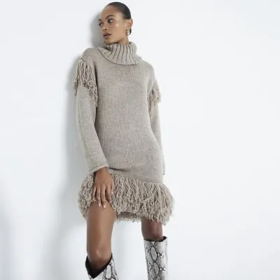 Brown long sleeve fringed jumper dress sold by River Island