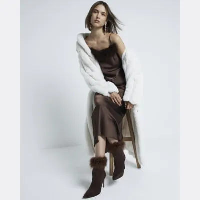 Brown Suede Faux Feather Cuff Heeled Boots sold by River Island