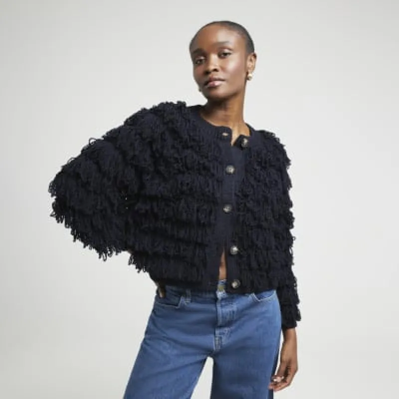Navy fringe knitted cardigan sold by River Island